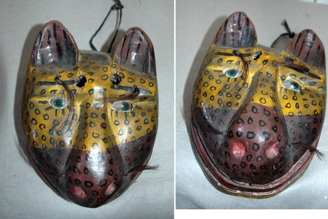 Guatemala Mask Smiley Jaguar with glass eyes horse hair