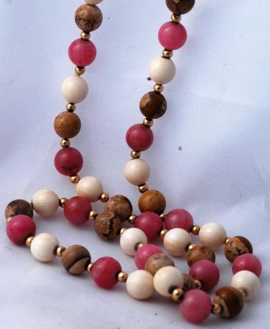 14K Gold Rhodochrosite, Ivory & Jasper Beaded