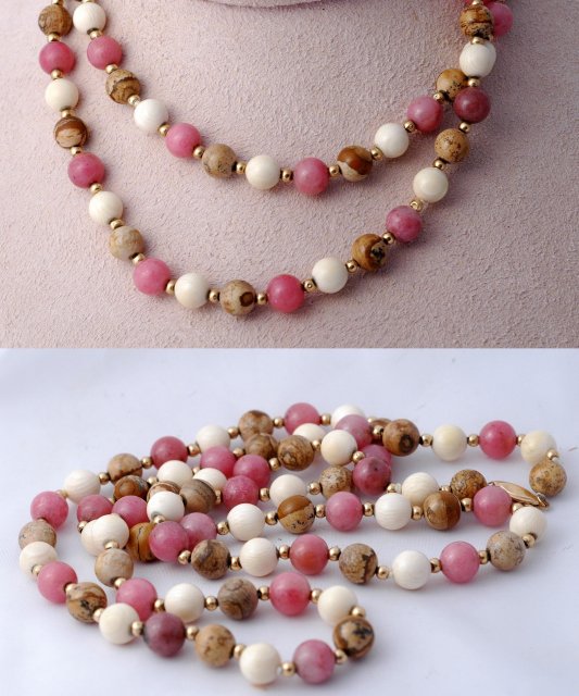 14K Gold Rhodochrosite, Ivory & Jasper Beaded