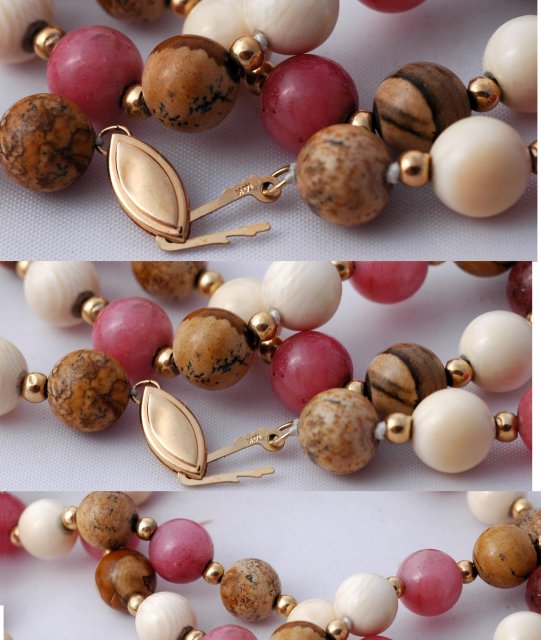 14K Gold Rhodochrosite, Ivory & Jasper Beaded
