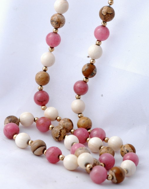 14K Gold Rhodochrosite, Ivory & Jasper Beaded