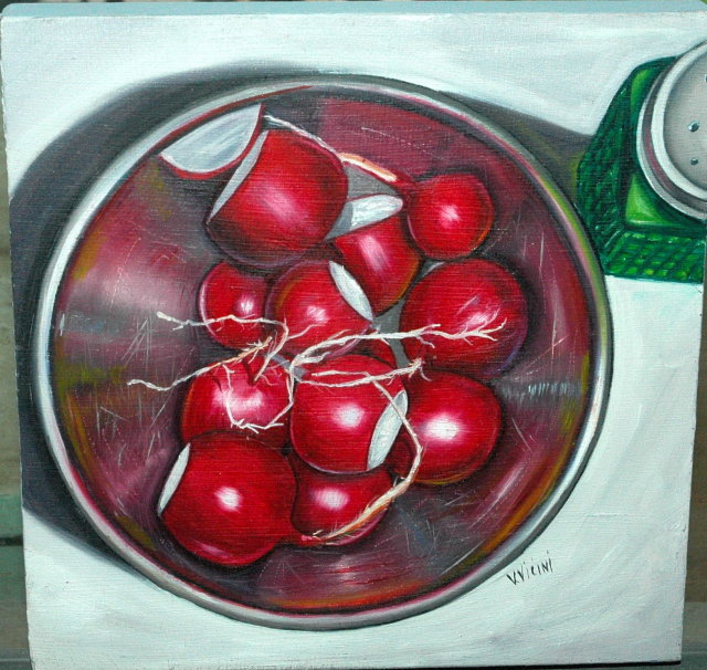Bowl of Radishes Oil Painting on Board Signed V. Vienini *PRICE REDUCED! *
