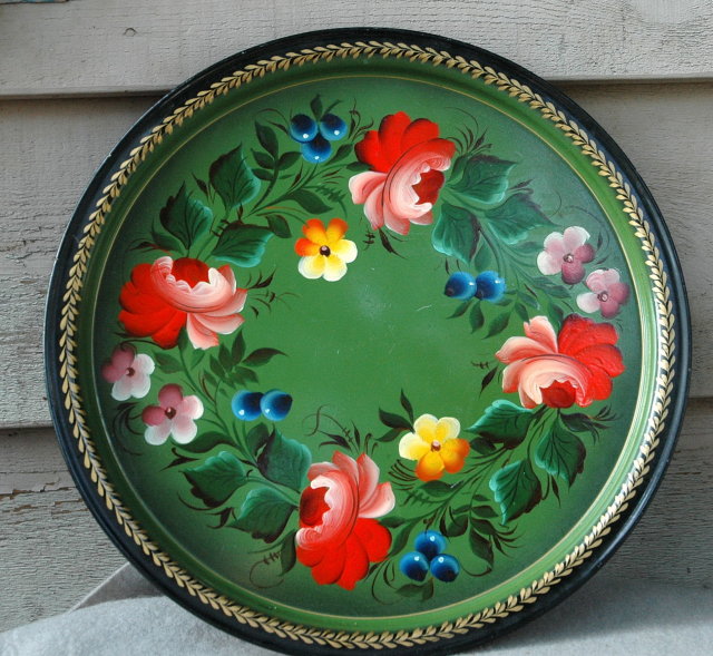 TOLE PAINTED METAL TRAY TOLEWARE SIGNED 12