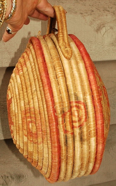 Coiled Native Basket, Large Woven Grass Purse Basket Price Reduction !!