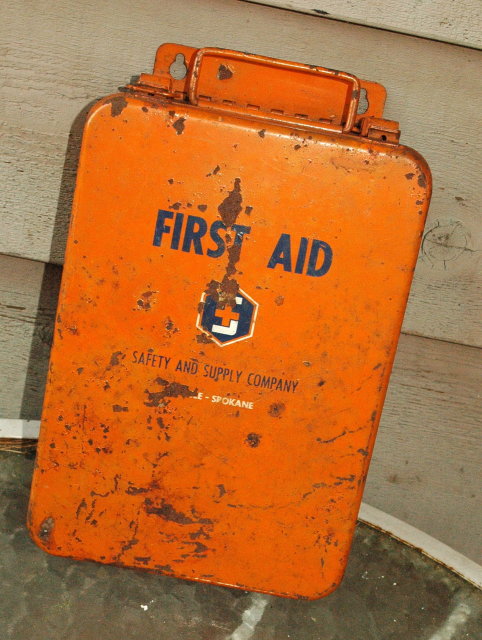 Metal First Aid Box Old Orange Industrial Wall Mount
