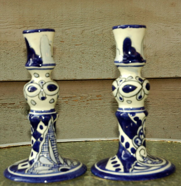 Mexican Talavera Candle Stick Holders Blue/ White PAIR