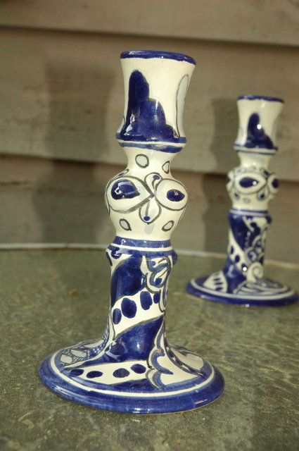 Mexican Talavera Candle Stick Holders Blue/ White PAIR
