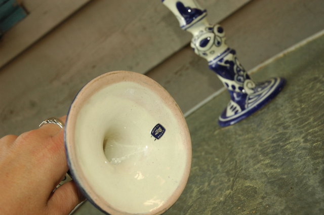 Mexican Talavera Candle Stick Holders Blue/ White PAIR