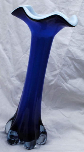 Fused Glass Fluted Ruffled Bud Vase -blue on white