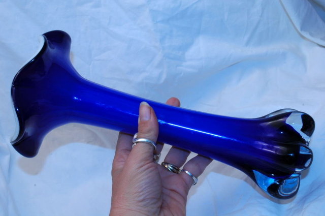 Fused Glass Fluted Ruffled Bud Vase -blue on white