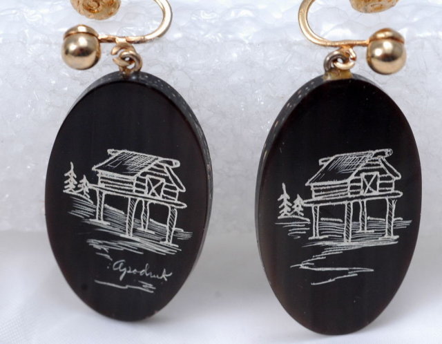 Scimshaw Baleen Earrings by Inupiaq artist : Harry Apodruk **REDUDED PRICE*!!