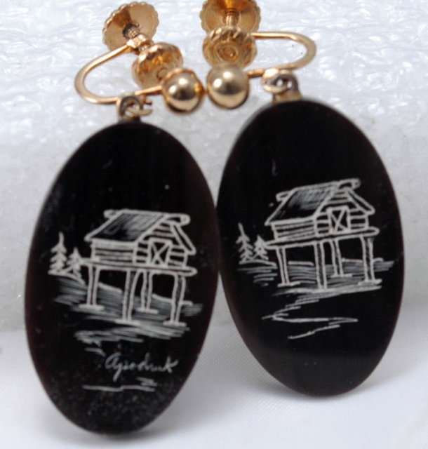 Scimshaw Baleen Earrings by Inupiaq artist : Harry Apodruk **REDUDED PRICE*!!