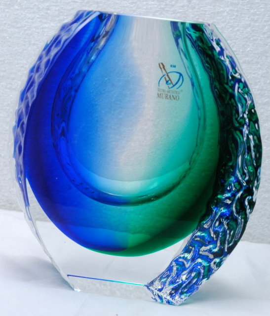 Alessandro Mandruzzato Murano Glass Vase Blue Green with COA