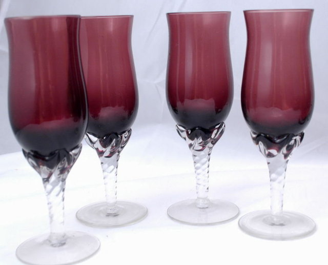 set of 4 cordials stem glassess amethyst and clear