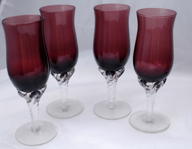set of 4 cordials stem glassess amethyst and clear
