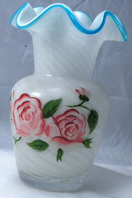 FENTON SWIRLED Cased Glass BLUE CREST RUFFLE Vase with Hand painted Roses