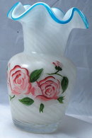 FENTON SWIRLED Cased Glass BLUE CREST RUFFLE Vase with Hand painted Roses