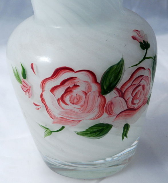 FENTON SWIRLED Cased Glass BLUE CREST RUFFLE Vase with Hand painted Roses