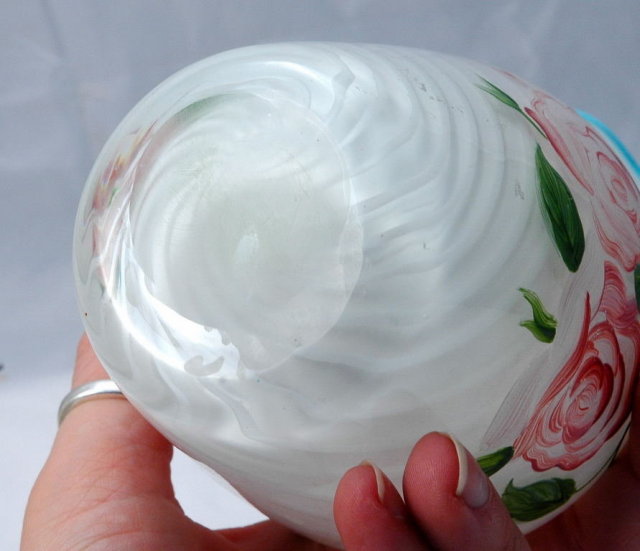 FENTON SWIRLED Cased Glass BLUE CREST RUFFLE Vase with Hand painted Roses