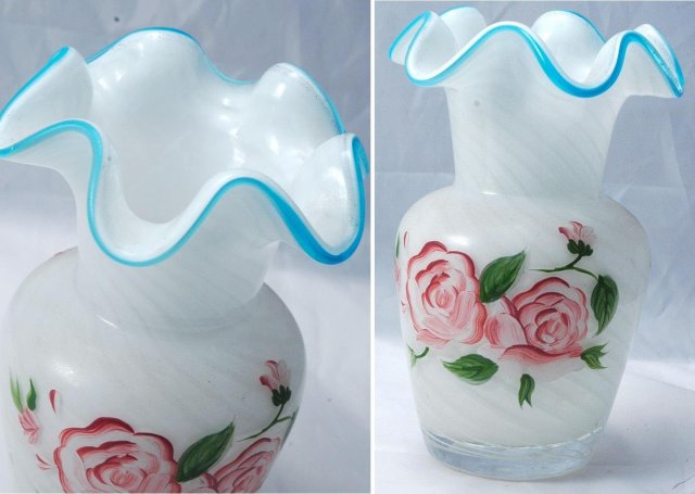 FENTON SWIRLED Cased Glass BLUE CREST RUFFLE Vase with Hand painted Roses