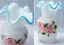 FENTON SWIRLED Cased Glass BLUE CREST RUFFLE Vase with Hand painted Roses