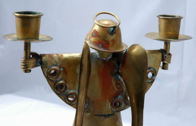 SALVADOR TERAN Hand Wrought Brass Angel Candle Holder Old Mexican Modernist Art