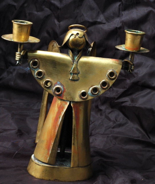 SALVADOR TERAN Hand Wrought Brass Angel Candle Holder Old Mexican Modernist Art