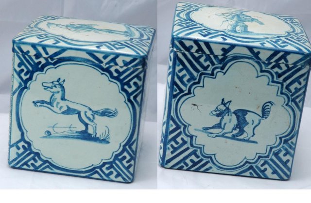 Old Tin Hunting theme blue white with hinged lid