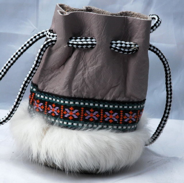 Alaskan Native American Drawstring Bag or Pouch Leather & Fur