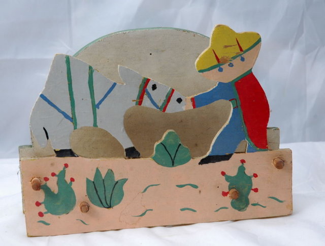 Old Mexican Folk Art Painted Wood Napkin Holder