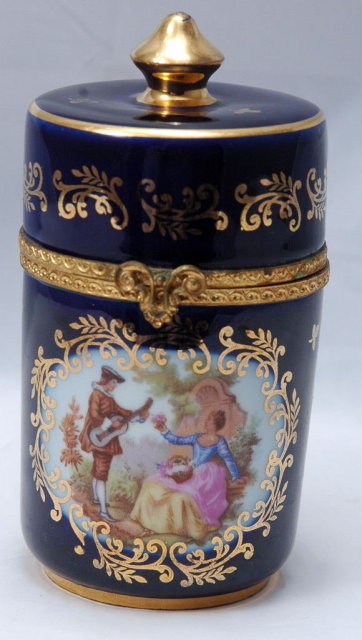 Limoges - Veritable Porcelain D'Art Cylinder Container or Trinket Box Classical Garden Design