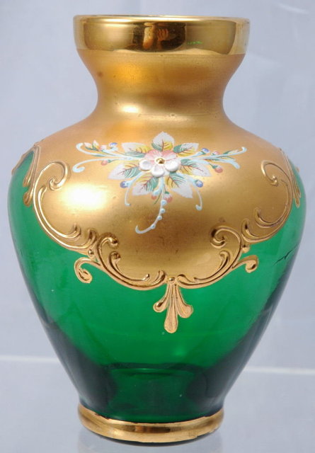 Moser Emerald Glass Vase with Gold Enameling & Dainty Flowers