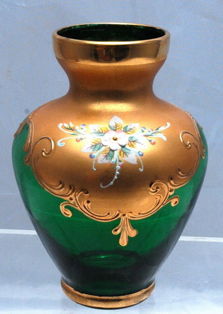 Moser Emerald Glass Vase with Gold Enameling & Dainty Flowers