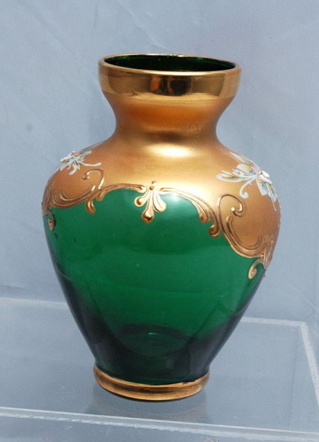 Moser Emerald Glass Vase with Gold Enameling & Dainty Flowers