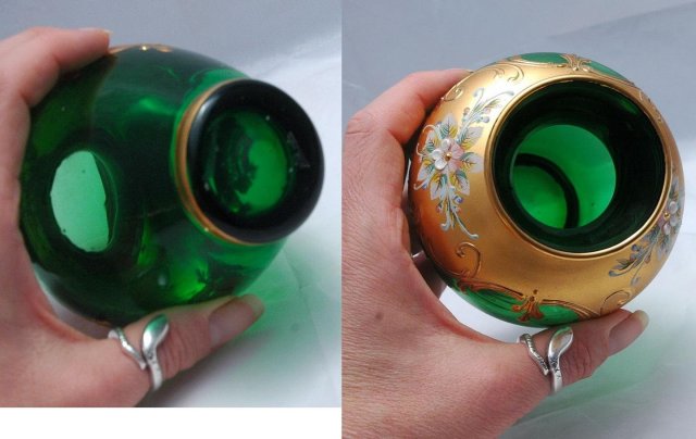 Moser Emerald Glass Vase with Gold Enameling & Dainty Flowers
