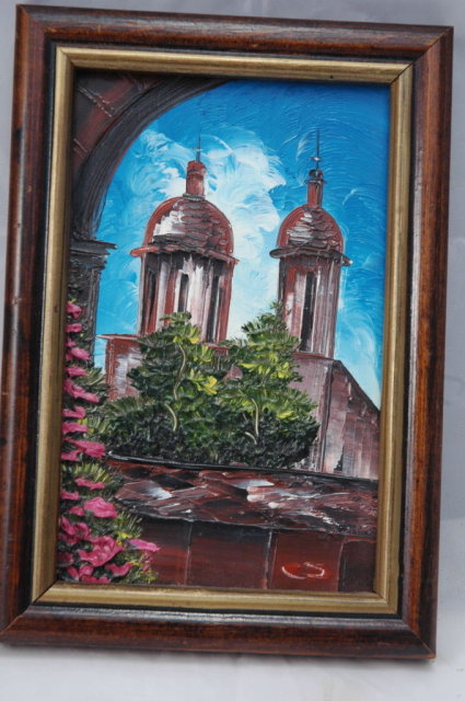 Small Painting of Cathedral Textured Acrylic or Oil on Masonite