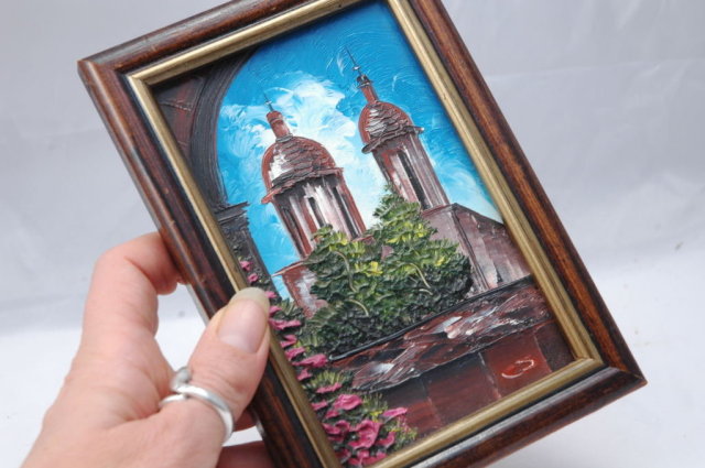 Small Painting of Cathedral Textured Acrylic or Oil on Masonite