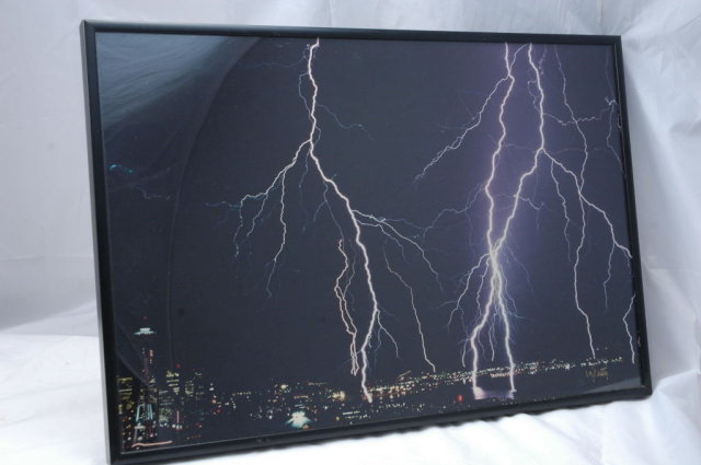 Lightning over Seattle Photograph Signed & Framed Behind Glass