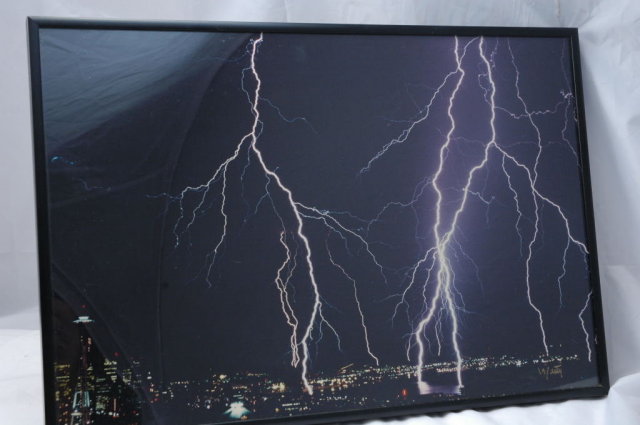 Lightning over Seattle Photograph Signed & Framed Behind Glass