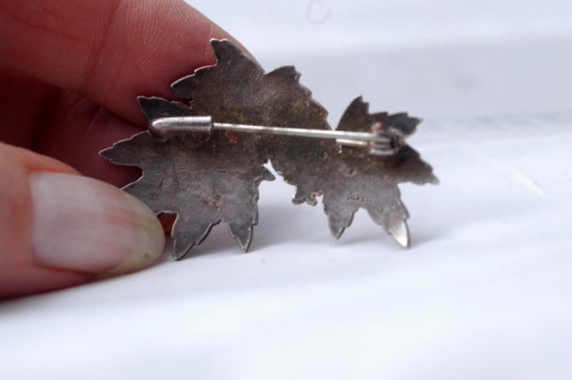 Old Mexican Guilloche Enamel Antique Sterling Maple Leaves Pin Brooch ( multi colored)