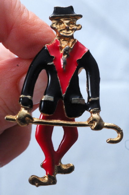 Articulated Dancing Man with Cane Pin Pendant with black & red enameling
