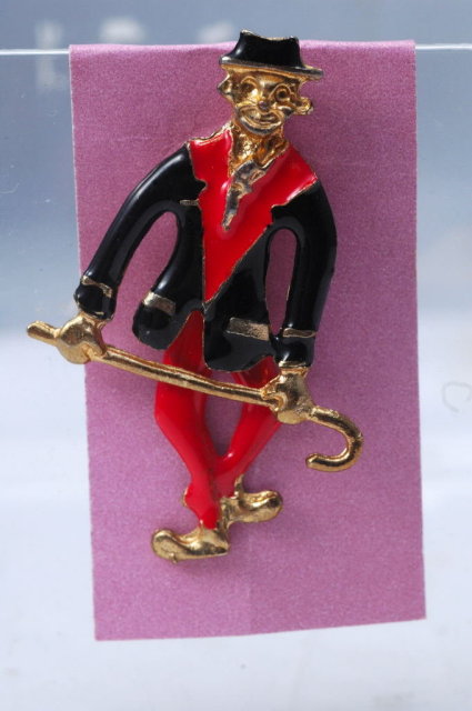 Articulated Dancing Man with Cane Pin Pendant with black & red enameling