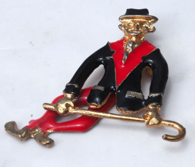 Articulated Dancing Man with Cane Pin Pendant with black & red enameling