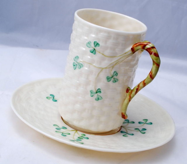 Belleek Irish Porcelian RARE ! Chocolate Mug Cup & Saucer Twig Handled Shamrock Basketweave