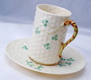 Belleek Irish Porcelian RARE ! Chocolate Mug Cup & Saucer Twig Handled Shamrock Basketweave