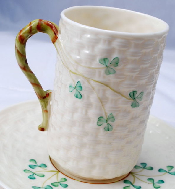 Belleek Irish Porcelian RARE ! Chocolate Mug Cup & Saucer Twig Handled Shamrock Basketweave