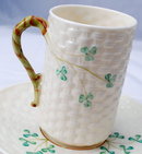 Belleek Irish Porcelian RARE ! Chocolate Mug Cup & Saucer Twig Handled Shamrock Basketweave