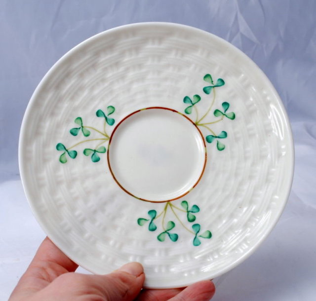 Belleek Irish Porcelian RARE ! Chocolate Mug Cup & Saucer Twig Handled Shamrock Basketweave
