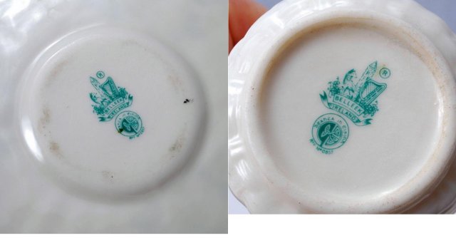 Belleek Irish Porcelian RARE ! Chocolate Mug Cup & Saucer Twig Handled Shamrock Basketweave
