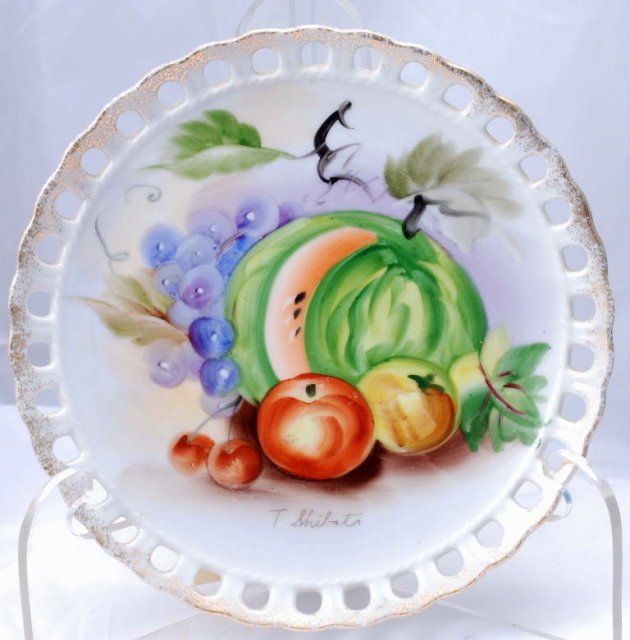 Fruit Decor Pierced Porcelain Plate, Hand painted and Signed.